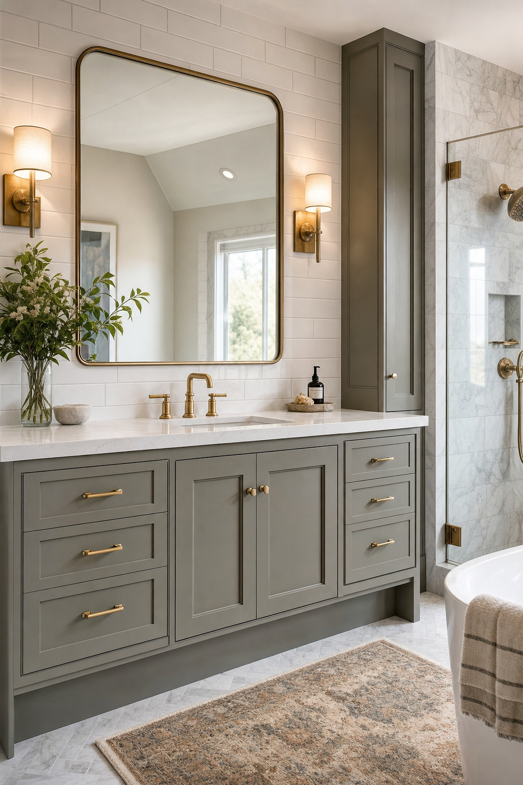 Elegant bathroom vanity with brass hardware