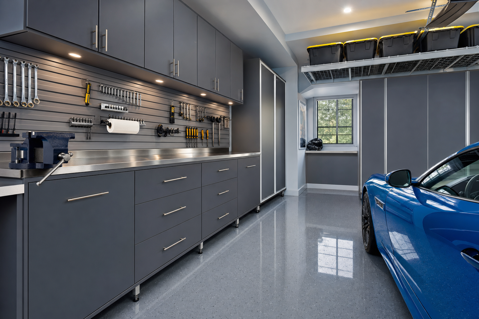 Organized garage with custom cabinetry, overhead and wall storage systems