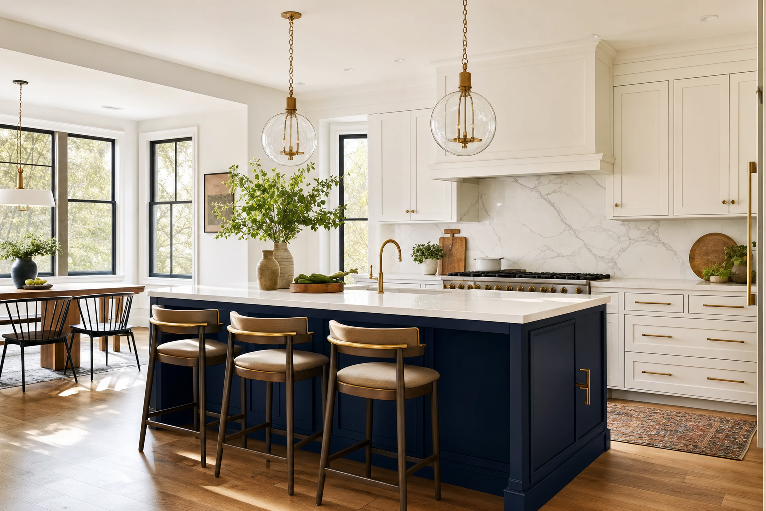 Modern two-tone kitchen with navy island, white cabinetry and brass hardware